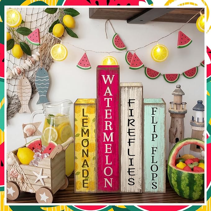 Lineshading 4 Pcs Summer Table Decoration Wooden Book Lemon Watermelon Wooden Sign Yellow and Red Summer Tiered Tray Decor Wood Book Sign Farmhouse for Home Shelf Coffee Table