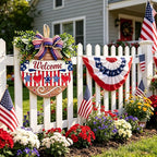 12" Patriotic Wreath Wooden Welcome Sign for Front Door, 4th of July & Memorial Day Decorations, USA 250th Anniversary Decor with Red Blue Stars Bow & Artificial Flowers for Outdoor Porch Patio Fence