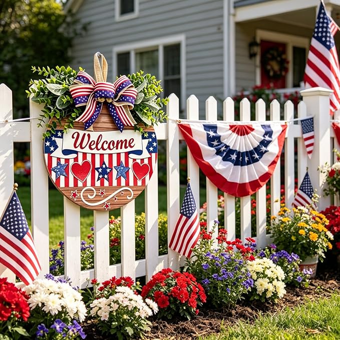 12" Patriotic Wreath Wooden Welcome Sign for Front Door, 4th of July & Memorial Day Decorations, USA 250th Anniversary Decor with Red Blue Stars Bow & Artificial Flowers for Outdoor Porch Patio Fence