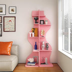 Modern Corner Shelf, 5 Tier High Corner Shelf, Fits Small Spaces, Scalloped Corner Bookcase with Storage Space, Wooden Display Stand for Plants, Books and Decorations, Assorted Colors and Sizes (Pink)
