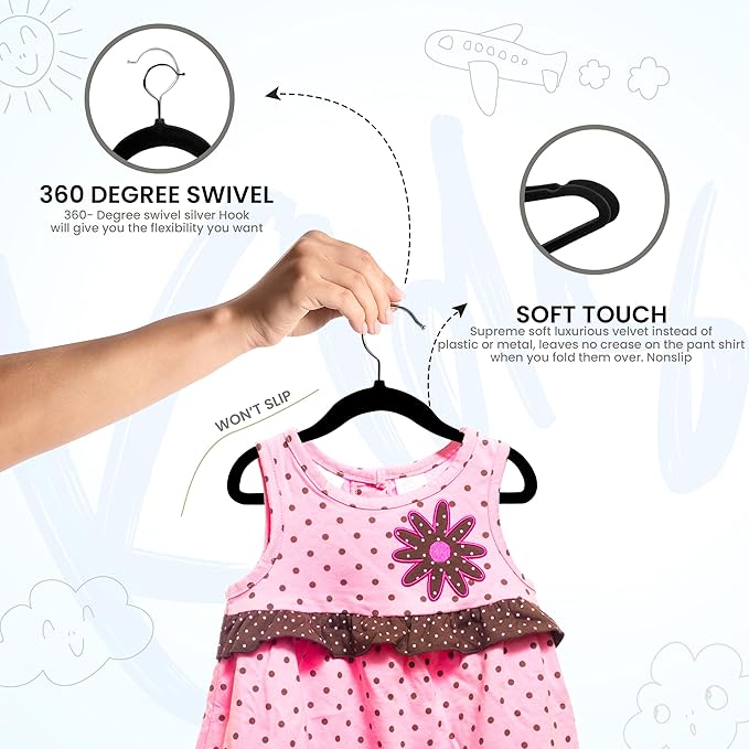Utopia Home Kids Velvet Hangers 20 Pack – 11 Inch Non-Slip Baby Hangers for Baby and Toddlers, Durable Ultra-Slim Space-Saving Closet Organizers (Black)