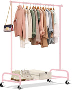 SLEEPING LAMB Heavy Duty Clothing Racks for Hanging Clothes Rack, 43" Wide Rolling Garment Rack Metal Clothing Hanger Rack with Wheels Wardrobe Rack for Coats, Shirts, Dress (Pink)