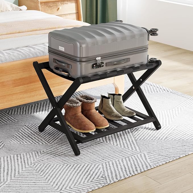 Smuxee Fully Assembled Luggage Rack for Guest Room, Upgraded Bamboo Foldable Suitcase Stand with 5 Nylon Straps, Luggage Holder with Shelf for Bedroom Hotel