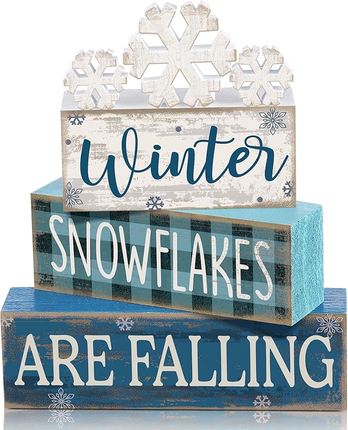 Yuntau 6 Pcs Winter Snowflakes Table Decorations Christmas Snowflake Centerpieces for Tables Winter Tiered Tray Decor Rustic Wood Snow Sign Farmhouse for Wonderland Party Kitchen Shelf Home