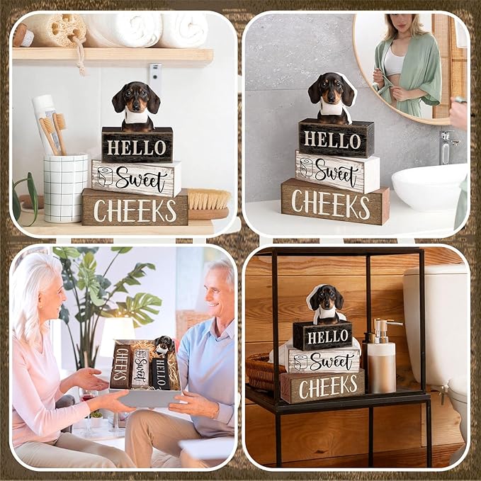 Moucuny 4 Pcs Dachshund Bathroom Decor Set Funny Toilet Wooden Tiered Tray Decor Farmhouse Dachshund Centerpiece Rustic Bathroom Shelf Decoration Hello Sweet Cheeks Decoration for Home Office