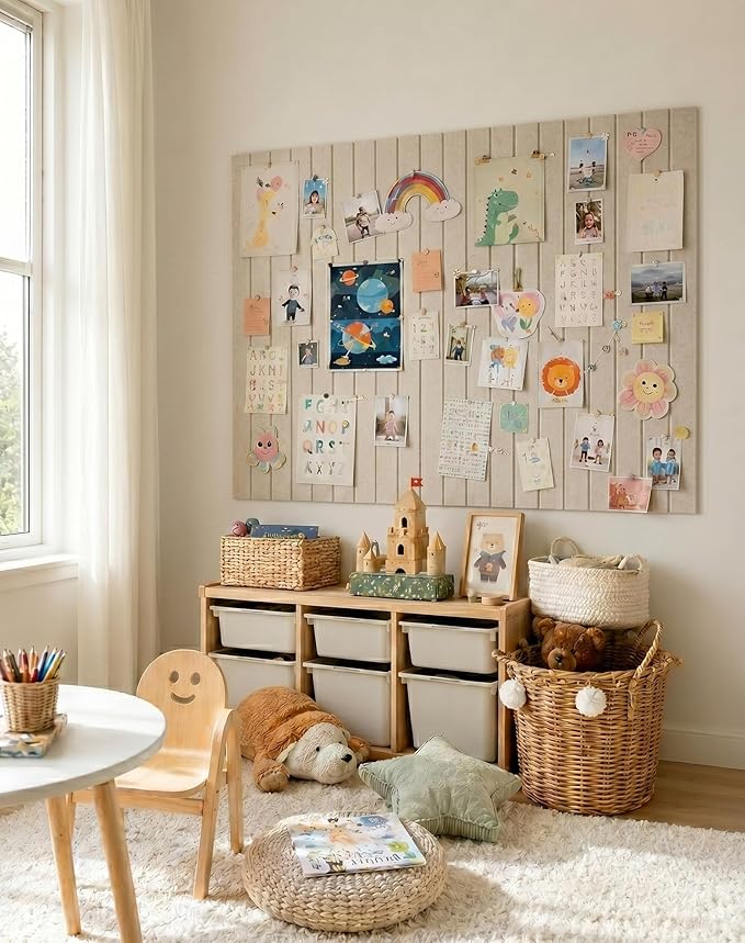 Aothia Felt Bulletin Board Tiles Large 48" x 36" Cork Board Alternative - 12-Pack with 70 Adhesive Tabs, Thick Slat Wall Panels for Office Decor, Push Pin Board Wall Organizer Alternative - Oatmeal