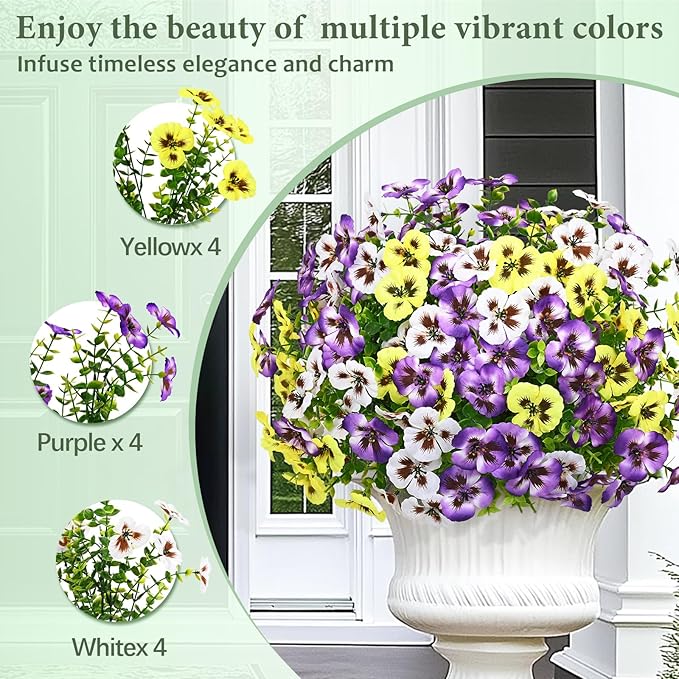 MARTINE MALL 8 Bundles Look Real Artificial Flowers for Outdoors, Realistic Fake Outdoor Flowers, UV Resistant Silk Pansy Flowers for Outside Faux Flower Plants for Outdoor Porch Garden, Mixed Colors