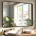 Sweetcrispy Bathroom Mirror 40x30 Inch Black Metal Framed Rounded Rectangle Vanity Mirror for Wall, Over Sink, Farmhouse, Restroom, Anti-Rust, Modern Decorative, Horizontal or Vertical Hanging