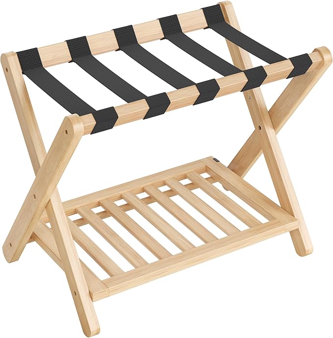 SONGMICS Solid Wood Luggage Rack, No Assembly Required, Foldable Suitcase Stand, Luggage Holder, with Storage Shelf, for Guest Room, Hotel, Bedroom, Natural Beige URLR020N02