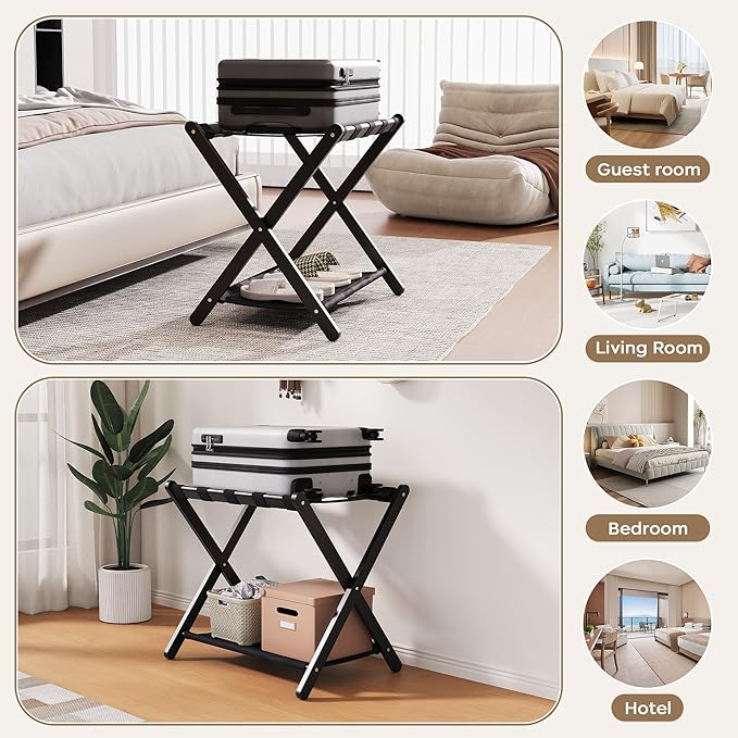 26.77" Full Assembled Luggage Rack for Guest Room, Set of 1 Bamboo Foldable Suitcase Stand, Bedroom & Hotel, Folding Luggage Holder with 5 Nylon Straps, 600D Oxford Fabric Shelf Black