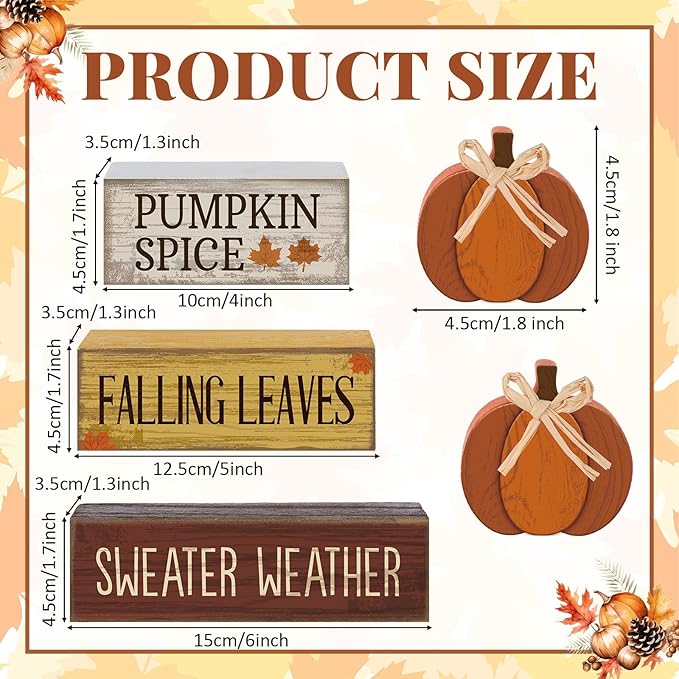 Lineshading 4 Pcs Fall Pumpkin Decor Fall Table Decoration Thanksgiving Tiered Tray Decor Thanksgiving Centerpiece Rustic Decorative Pumpkin Block Sign Gift Farmhouse Autumn Table Sign for Home