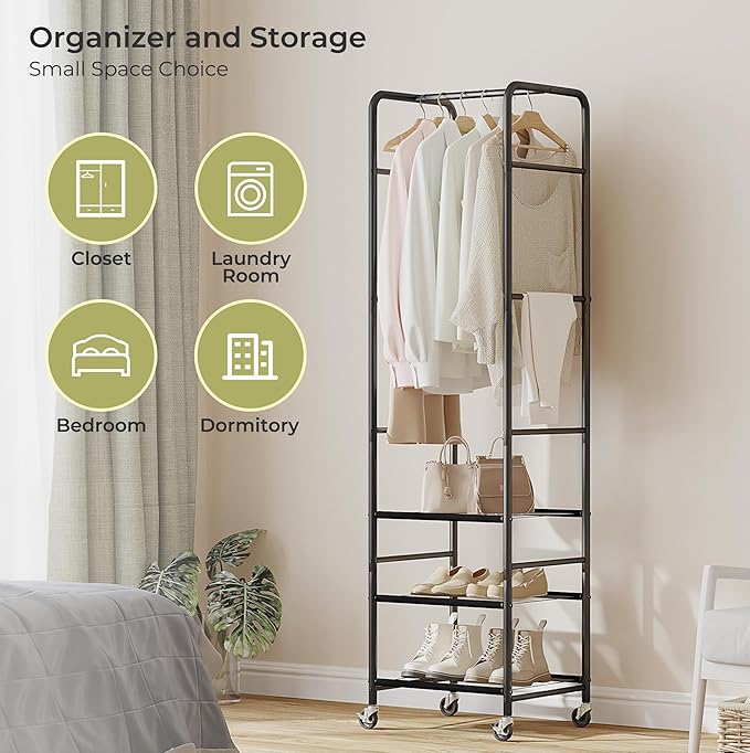 Narrow Clothes Rack with 3 Shelves, Heavy-duty Garment Rack with Wheels, Display Clothing Racks for Hanging Clothes for Small Space, Entryway, Hallway, Bedroom, Office, Living Room, Black