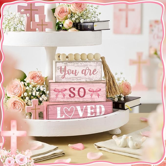 Yuntau 4 Pcs Pink Bow Decoration Christian Gifts for Women Wooden You Are So Love Farmhouse Tiered Tray Decor Inspirational Bible Verse Quotes Block Sign Table Centerpiece for Desk Shelf Room