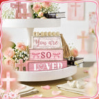 Yuntau 4 Pcs Pink Bow Decoration Christian Gifts for Women Wooden You Are So Love Farmhouse Tiered Tray Decor Inspirational Bible Verse Quotes Block Sign Table Centerpiece for Desk Shelf Room