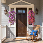 Artificial Fake Hanging Flowers Plants for Outdoor Spring Decoration,2 PCS Faux Silk Morning Glory with Eucalyptus Leaves,UV Resistant Realistic Trailing Vines for Balcony Porch Patio Yard Garden