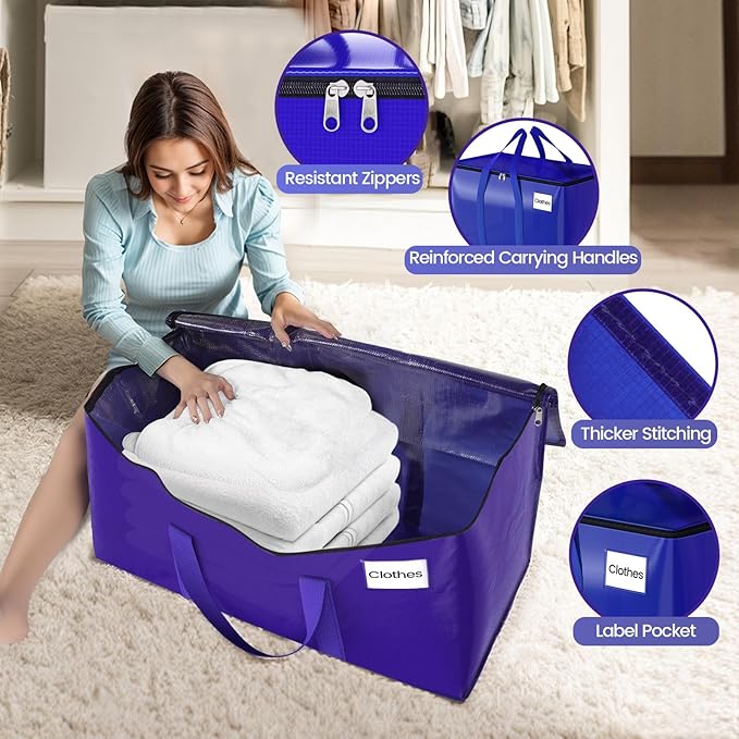 Moving Storage Bags, Moving Supplies Packing Boxes for Moving, Camping, College Dorm Room Essentials for Girls, Blue Tote Bags, Heavy-Duty Storage Bins With Lids And Zippers, 76L 2 Pack
