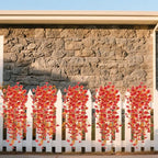 Fake Fall Hanging Flowers Artificial for Outdoor Decoration, 2 PCS Autumn Silk Faux Flowers Morning Glory with Eucalyptus Leaves, Realistic Hanging Plants for Wedding Home Office Garden Decor, Red