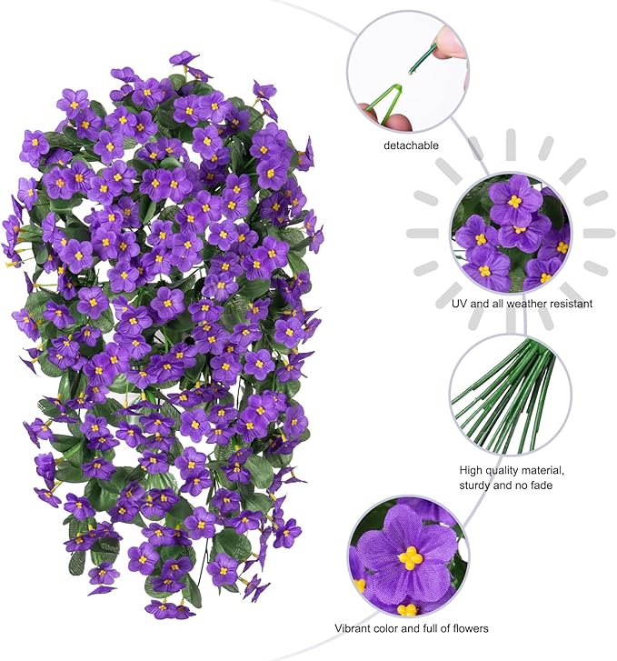 HyeFlora Artificial Faux Hanging Flowers for Outdoor Outside Spring Decoration, 2PCS Fake Silk Purple Daisy Plants UV Resistant Look Real Orchid Mums Vine for Front Door Porch Planter Balcony