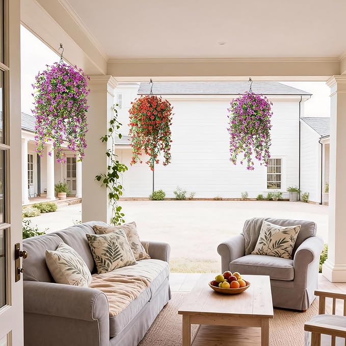 Artificial Hanging Flowers for Outdoors, 2 Pcs Fake Hanging Plant Spring Summer Decor, UV Resistant No Fade Realistic Faux Flower for Front Door Porch Planter Patio Garden Yard(Purple)