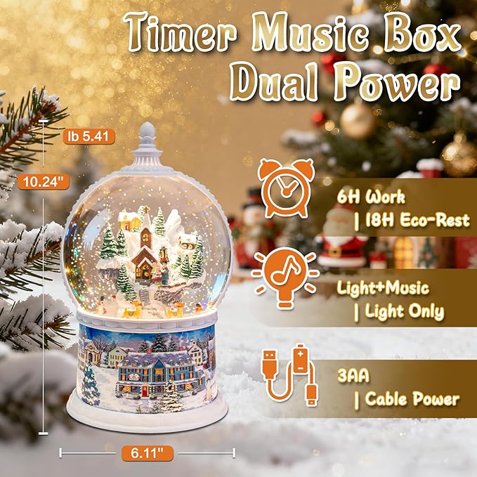 Large Christmas Snow Globes,Village Xmas Lighted Glitter Snow Globes, Musical Box with 8 Songs, 6 Hours Timer Deluxe Carousel Snow Globes
