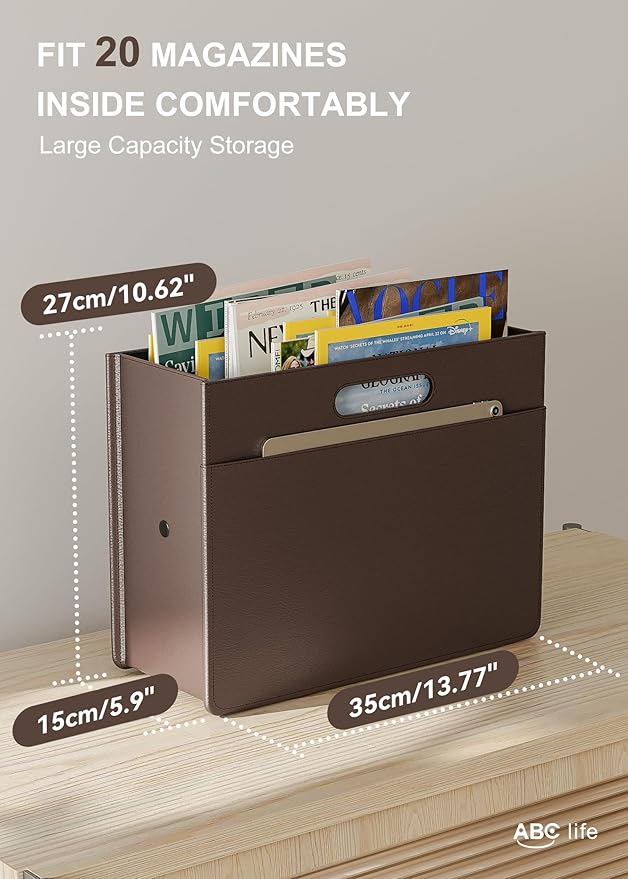 ABC life Magazine Holder Magazine Rack Floor, Stable Foldable PU Leather Newspaper Book Storage Basket Box, Upgraded Magazine File Folder Organizer Free Standing, for Living Room Home Office - Brown