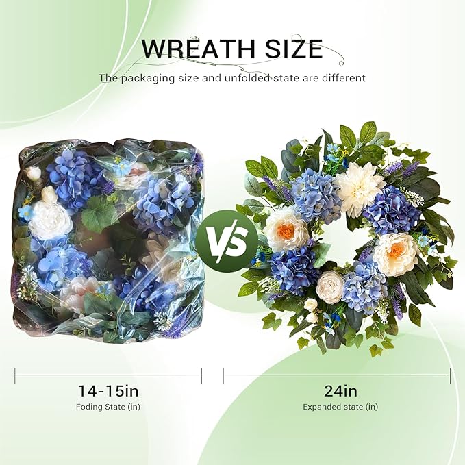 24 Inch Spring Wreaths for Front Door, Spring Summer Door Wreath with Blue Hydrangea White Peony Flower Wreath for All Season Outside Indoor Outdoor Home Porch Wall Decor