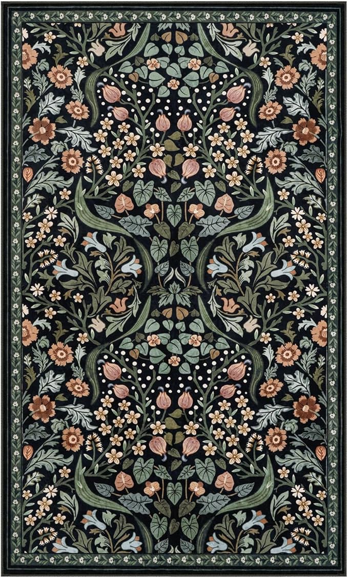 Moynesa Floral Machine Washable Rugs, 3x5 Rug for Entryway Non Slip Small Botanical Living Room Area Rug, Boho Ultra Thin Soft Bedroom Floor Throw Carpet for Dorm Bathroom Nursery, Black
