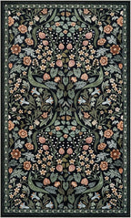 Moynesa Floral Machine Washable Rugs, 3x5 Rug for Entryway Non Slip Small Botanical Living Room Area Rug, Boho Ultra Thin Soft Bedroom Floor Throw Carpet for Dorm Bathroom Nursery, Black