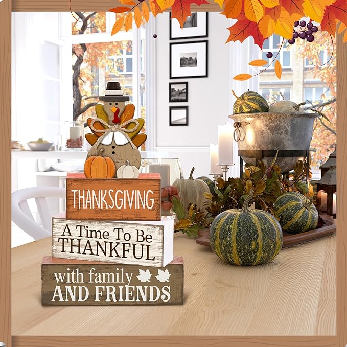 Lineshading 4 Pcs Fall Decoration for Home Wooden Turkey Decor "A Time to Be Thankful" Table Sign with Turkey & Pumpkin Topper, Thanksgiving Centerpiece Rustic Fall Tiered Tray Decor for Home Kitchen