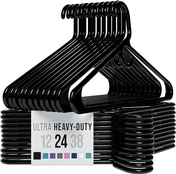 NEATERIZE Thick Heavy Duty Hangers - Black Plastic Clothes Hangers 24 Pack - Great for Coat Hanger, Jackets Jeans & Suit Hanger for Closet - New Apartment Essentials Percheros Ganchos para Colgar Ropa