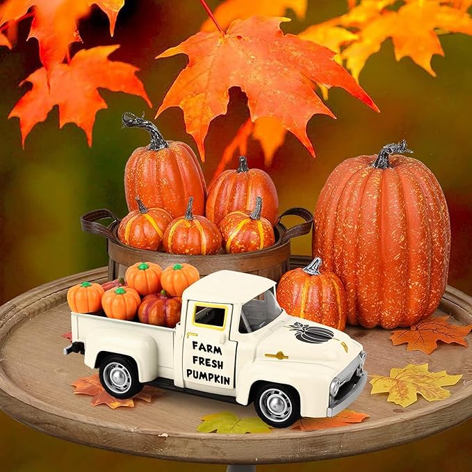 Fall Pumpkin Metal Truck Fall Home Kitchen Decorations with 8 Pcs Plastic Pumpkin, Vintage Farmhouse Tabletop Tiered Tray Decor for Summer Home Kitchen Mantel Shelf Bookshelf Mini Truck Decor