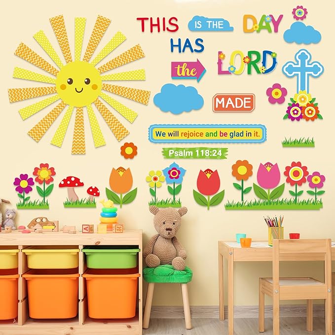 HIQINLUG Religious Christian Classroom Bulletin Board Set with Lord Spring Theme Elements for Sunday School Bible Classroom Wall Decor