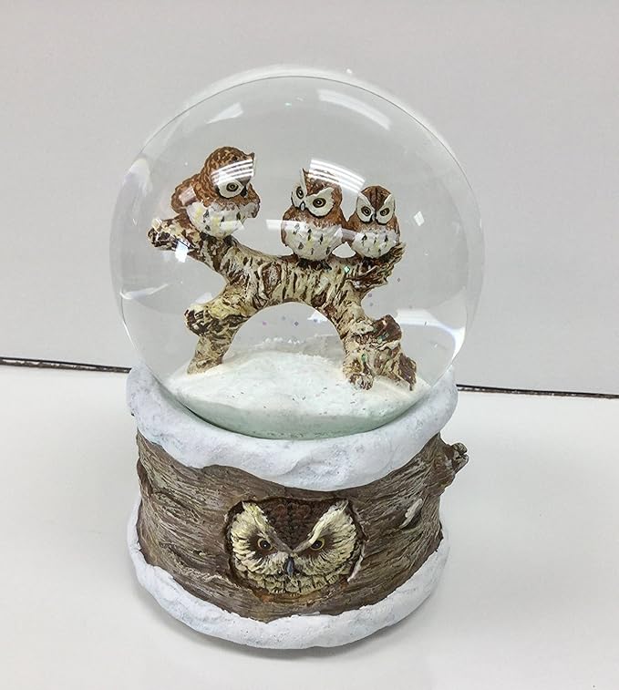 Winter Barn Owls 100mm Musical Snow Globe Plays Carol of The Bells
