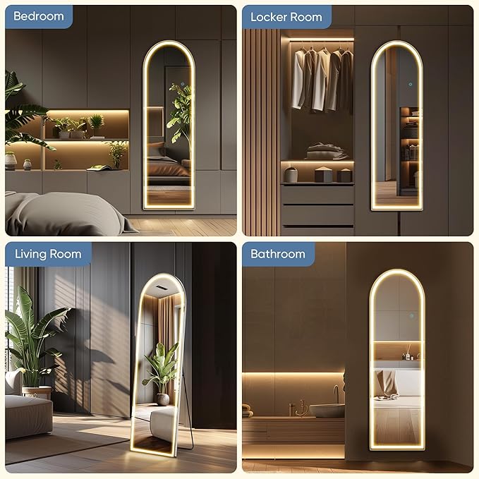 DUMOS Arched LED Mirror Full Length with Stand, 16"x60" Full Body Wall Mirror with LED Lights 3 Color Lighting, Hanging or Leaning, Floor Standing, Modern Simple Home Wall Decor