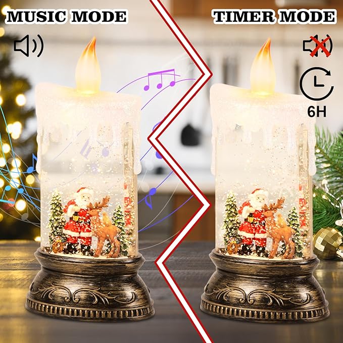 Christmas Snow Globe Candle with Timer & Music, Santa Flying with Reindeer Scene, Swirling Glittering Candle Shaped Snow Lantern, USB/Battery Operated Lighted Lantern for Christmas
