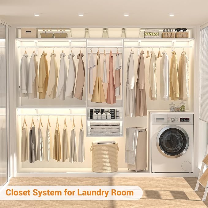 8FT Hanging Closet System, 96 Inch Closet Organizer System with Hanging Rod, Walk In Mounted Closet System, Built-In Clothes Garment Rack with 3 Shelving Towers(Can Be Cut To Fit), White