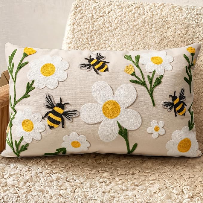 Embroidered Lumbar Pillow Cover 20x12 Inch - Spring Summer Boho Decorative Pillow Cover with Zipper for Living Room Couch Sofa Bed Aesthetic Design Flower Bee Cushion Pillowcase