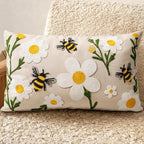 Embroidered Lumbar Pillow Cover 20x12 Inch - Spring Summer Boho Decorative Pillow Cover with Zipper for Living Room Couch Sofa Bed Aesthetic Design Flower Bee Cushion Pillowcase