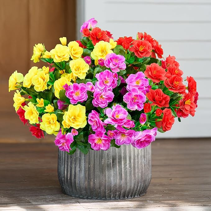 HyeFlora Artificial Fake Camellia Flowers Plants for Outdoor Outside Spring Summer Decor, Faux Silk Mixed UV Resistant Look Real Flowers for Planter Front Door Porch Patio Balcony, 3 Large Bundles
