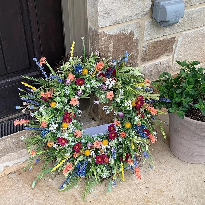 20 Inch Summer Wreaths for Front Door, Artificial Daisy Wildflower Lavender Front Door Wreath Spring,Green Eucalyptus Wreath for Window Wall Farmhouse Home Decor Porch Outdoor