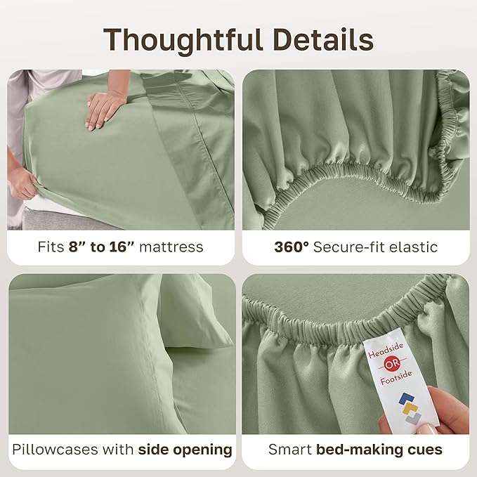 California Design Den Hotel Quality Full Size Sheets Set - Luxury 600 Thread Count Sateen, Natural 100% Cotton Bed Sheets, Fully Elasticized Deep Pockets, Crisp, Cool and Durable - Laurel Green