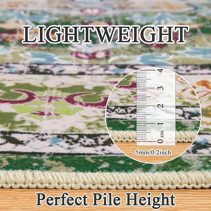 U'Artlines Boho Vintage Round Area Rug 8ft Machine Washable Low Pile Soft Floor Carpet Non Slip Non Shedding Accent Rug for Living Room Bedroom Entryway Dining Room Office Green