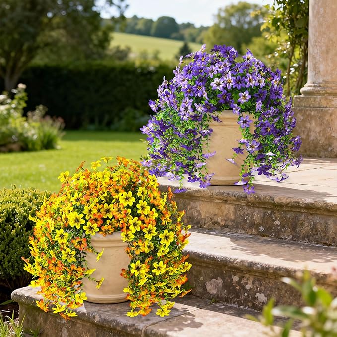 INQCMY Artificial Flowers for Outdoor Faux Hanging Plants Spring Outside Decoration,2Bundles Fake Silk Flowers Realistic Outdoor Flowers No Fade UV Resistant Porch Patio Window Yard Balcony Decor