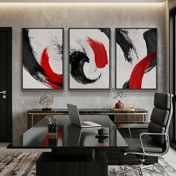 Large Framed Red Black White Abstract Wall Art for Living Room, 3 Piece Modern Canvas Prints Paintings Artwork for Walls, Red Black Minimalist Pictures for Bedroom Hallway Office Wall Decor 24x36 In