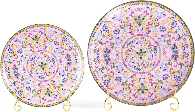 KAMMAK Decorative Plates Set for Display, Pink Ceramic Plate Decor with Stand, Handmade Vintage Porcelain Ornament for Table, Living Room, Kitchen, Office, Perfect Chinese Style Dish Gift (8in+10in)