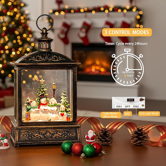 Christmas Snow Globe Swirling Glittering Snowman Choir with Music & Timer, USB Lined/Battery Operated Lighted Water Lantern for Christmas Festival Decoration Gifts
