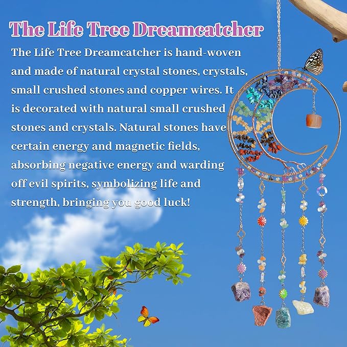 Crystal Dream Catchers Tree of Life Dream Catcher Wall Decor with Healing Crystal Stone & Fluorite Dream Catcher Crystals for Windows for Bedroom Home Decor Wedding Garden-Colorful