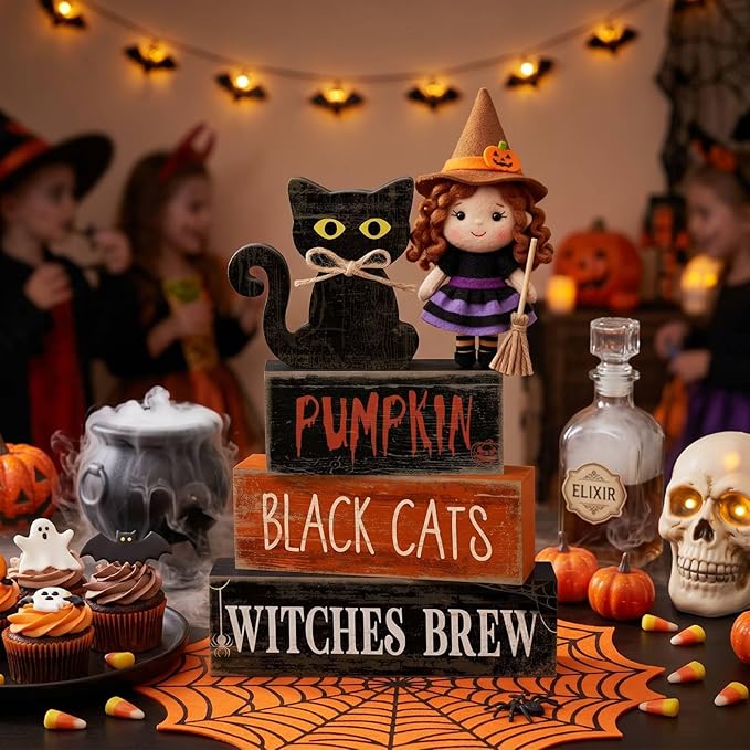 Lineshading 4 Pcs Halloween Table Decoration Black Cat Wooden Stacked Block, "Pumpkin Black Cats Witches Brew" Signs Spooky Halloween Tiered Tray Decor Rustic Gothic Centerpiece for Home Coffee Bar