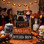 Lineshading 4 Pcs Halloween Table Decoration Black Cat Wooden Stacked Block, "Pumpkin Black Cats Witches Brew" Signs Spooky Halloween Tiered Tray Decor Rustic Gothic Centerpiece for Home Coffee Bar
