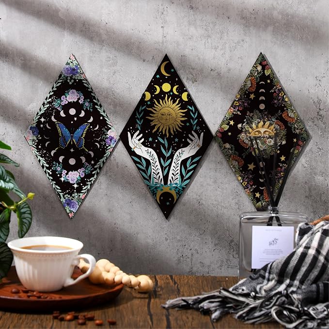 Qunclay 6 Pcs Witchy Gothic Wall Decor Rustic Boho Home Decor Sun Moon Mushroom Phases Wall Art Gothic Star Hanging Wooden Decoration Farmhouse Pediments for Bedroom Living Room Gallery(Moon Sun)